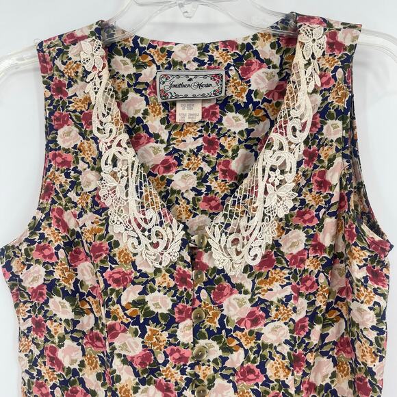 Vtg Jonathan Martin Aline Dress Sz 5/6 Blue Floral Cottage Core Peasant Lace 90s - Picture 2 of 9